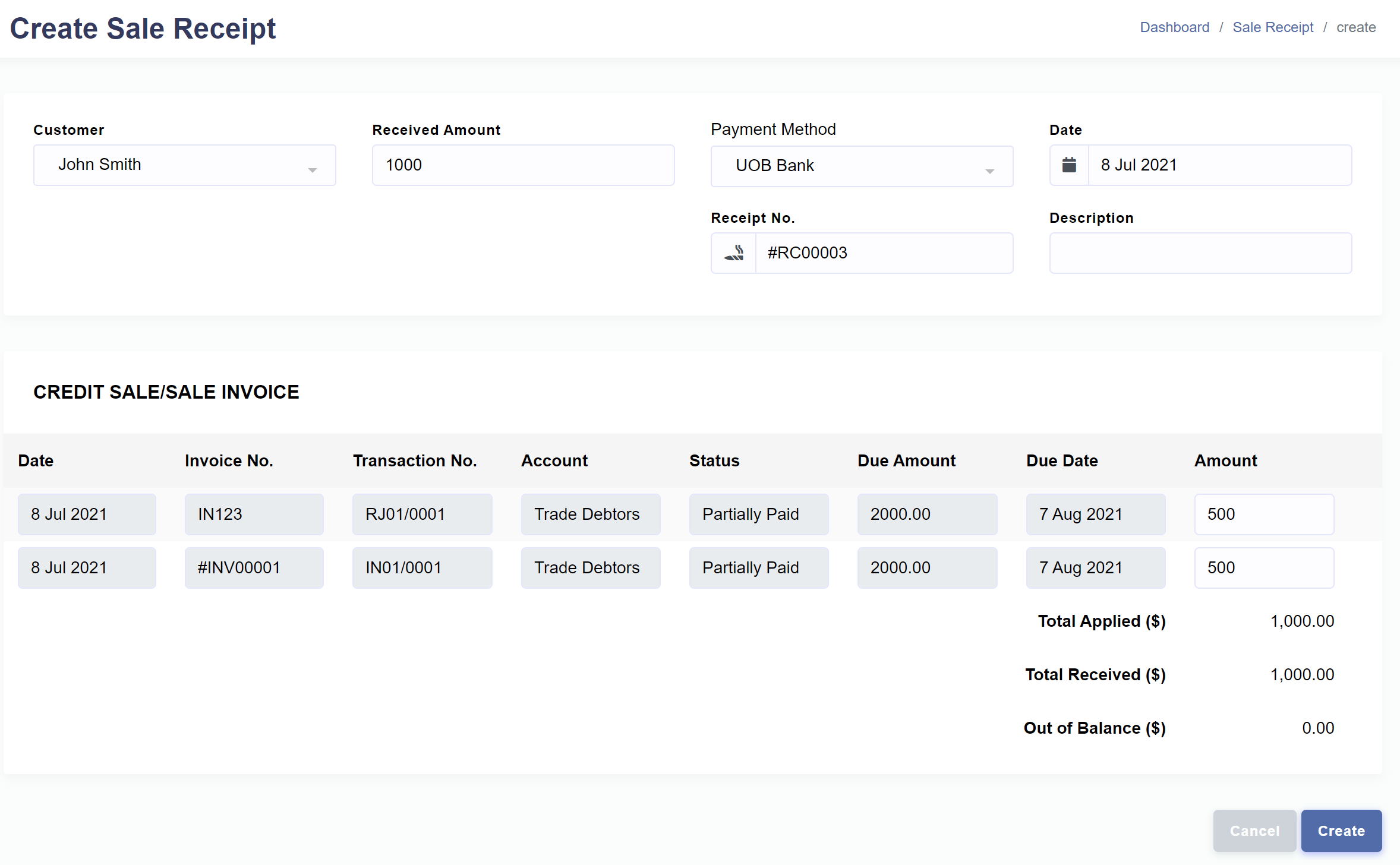 Income > Sale Receipt > Create Sale Receipt